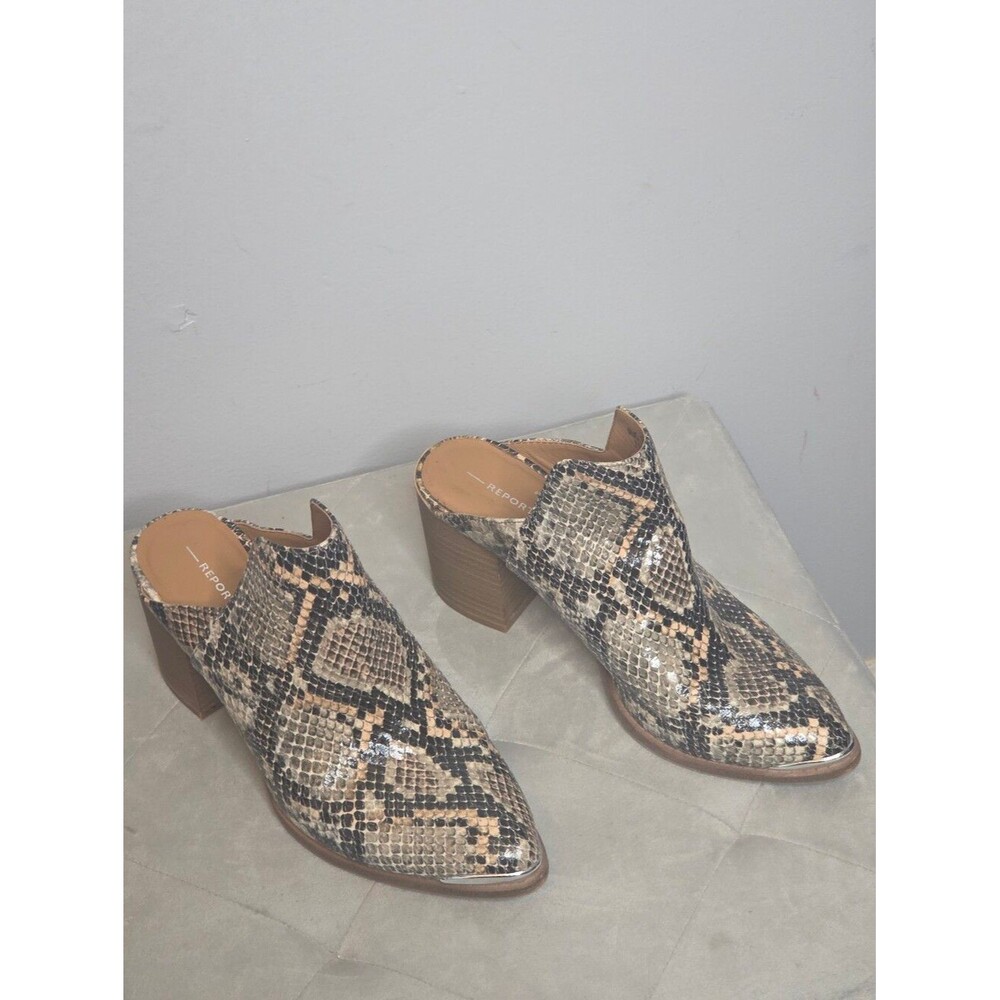 Report Collection Snake-Print Tan and Black Block Heel Mules, Sz 7.5